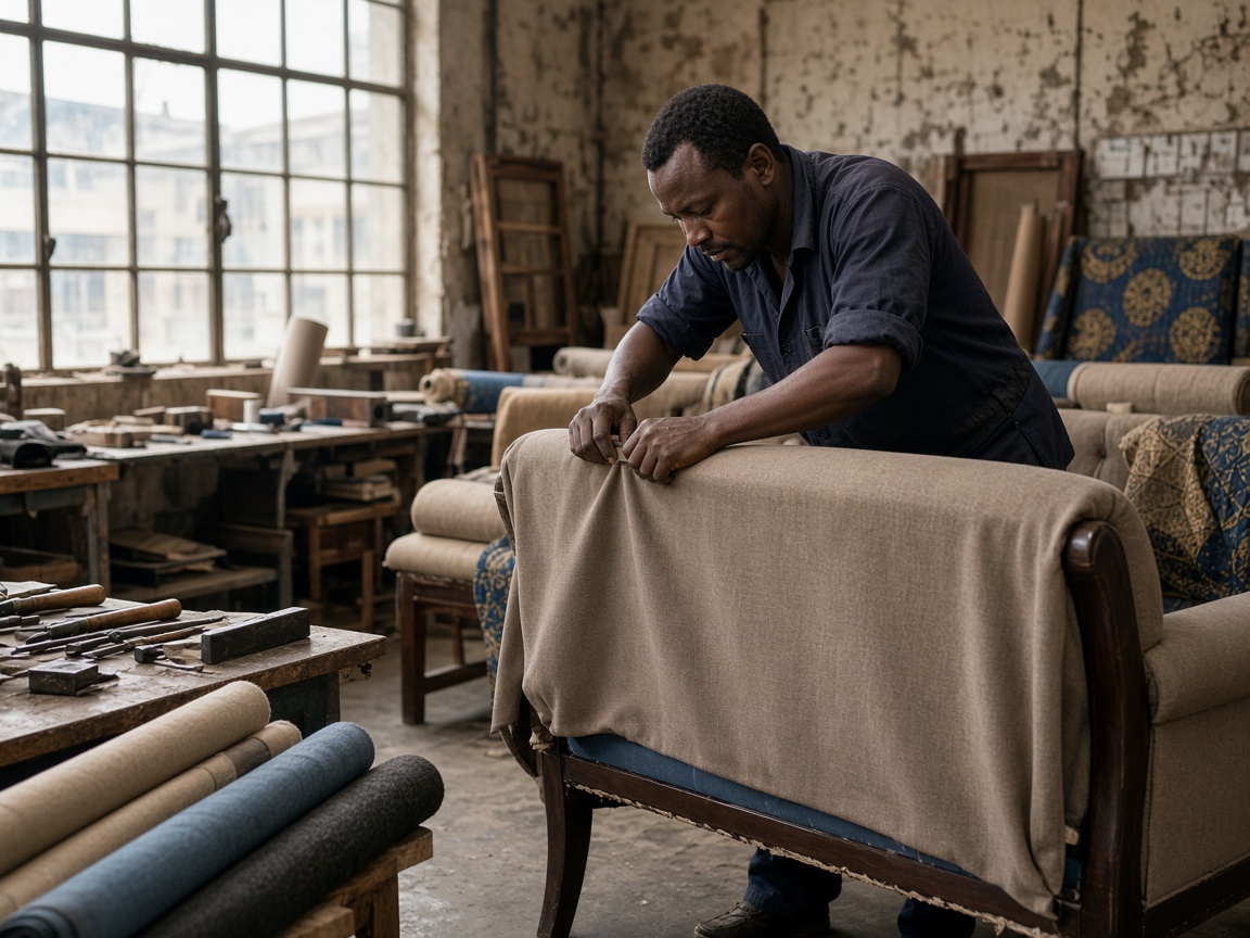 Kenyan furniture artisan upholstering a sofa in a Nairobi workshop