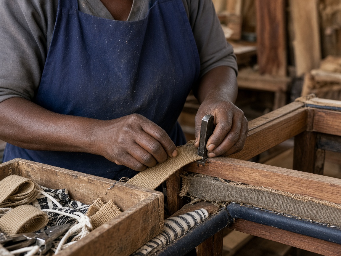 Kenyan artisan fastening upholstery material to a sofa frame
