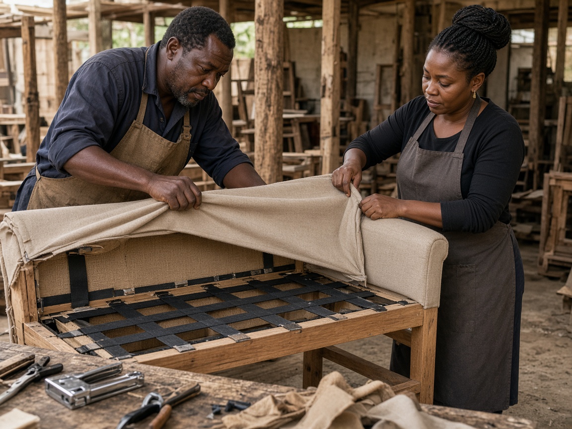 African furniture artisans fitting upholstery fabric to a handmade sofa